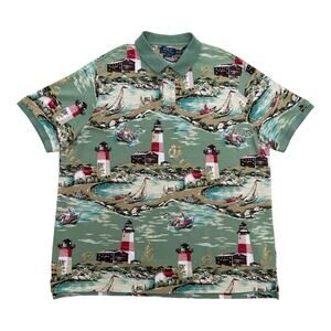 Vintage Ralph Lauren Polo Shirt Lighthouse Print Size XXL